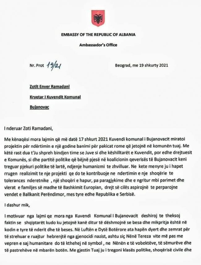 Ambasada e Shqipërisë përshëndet vendimin e KK të Bujanocit
