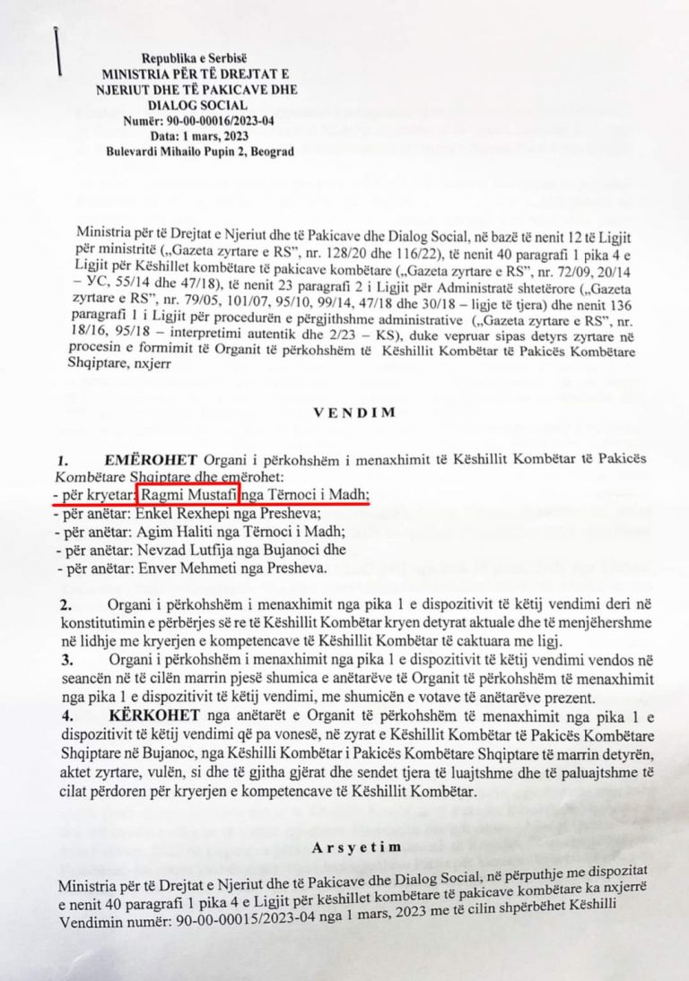 APN: Qeveria e Serbisë emëron udhëheqës të Këshillit Kombëtar Shqiptar, Ragmi Mustafin e PVD-së.