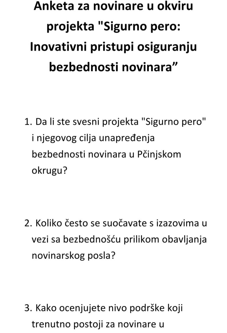 Anketa za novinare u okviru projekta “Sigurno pero: Inovativni pristupi osiguranju bezbednosti novinara”