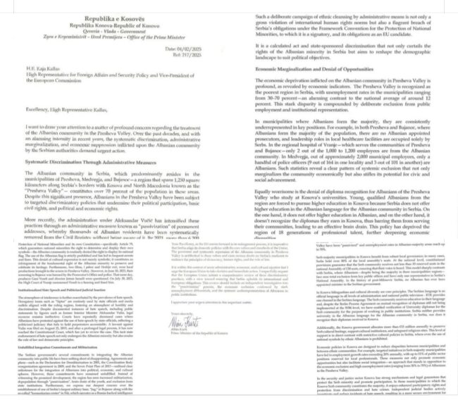 Kurti njofton zv/presidenten e Komisionit Evropian mbi diskriminimin në Luginë